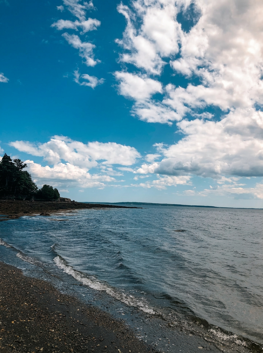 Maine coastline with calm waters and sweeping sky