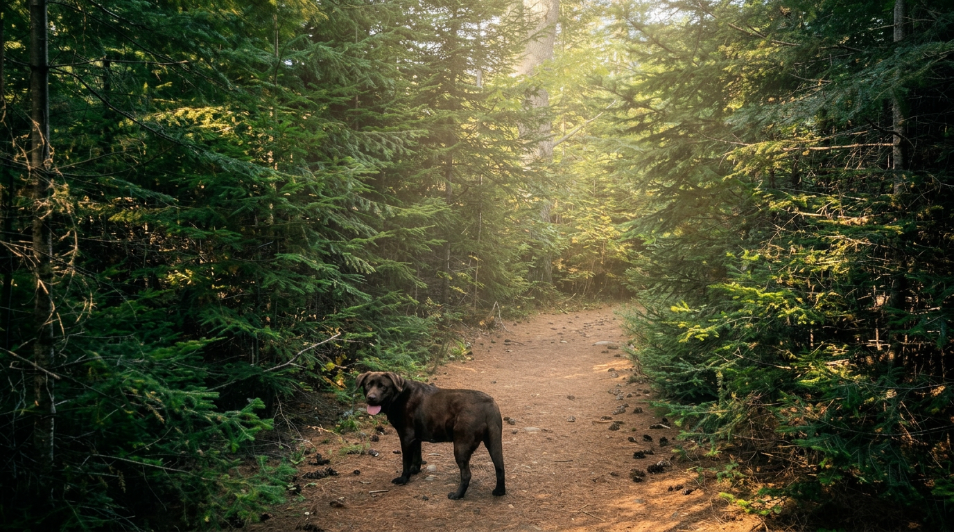 Sunlit pine forest path in Maine